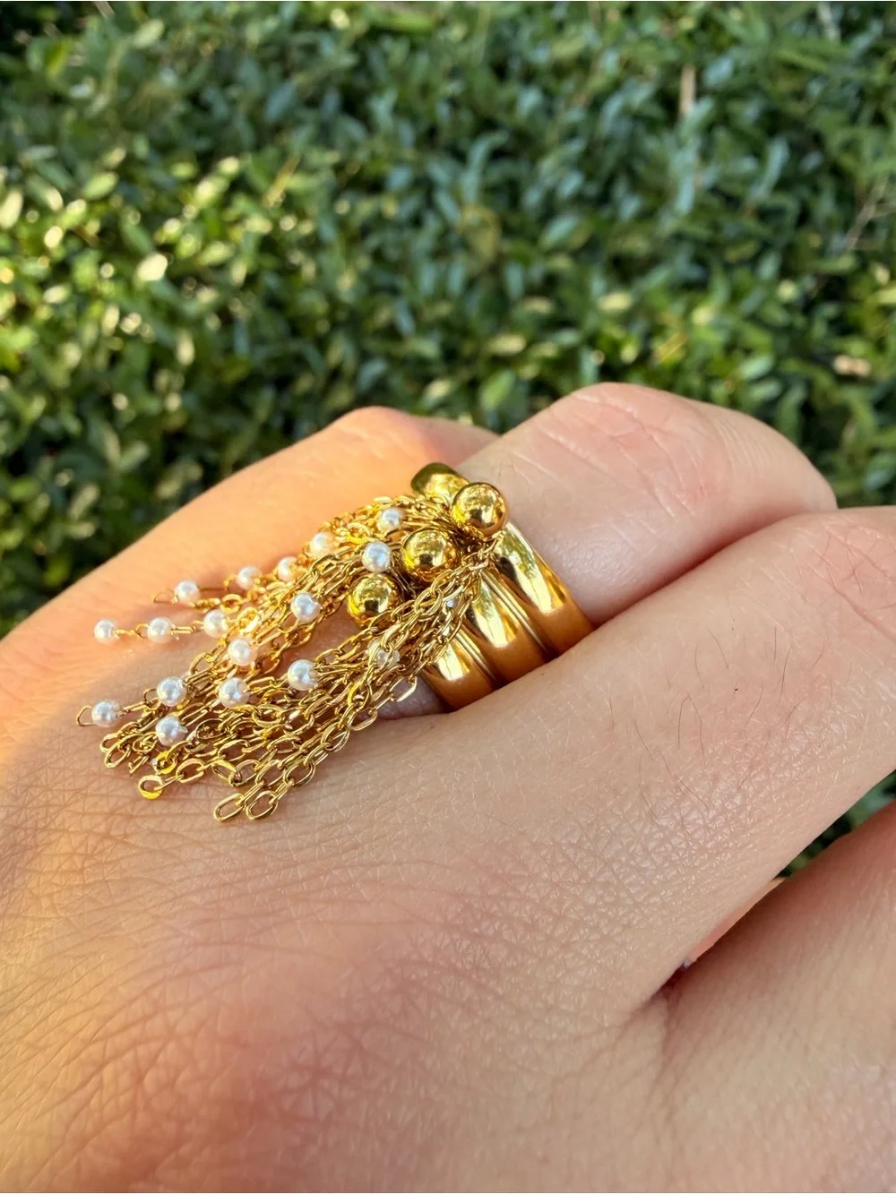 Gold Tassel Chain Ring with Pearl Accents
